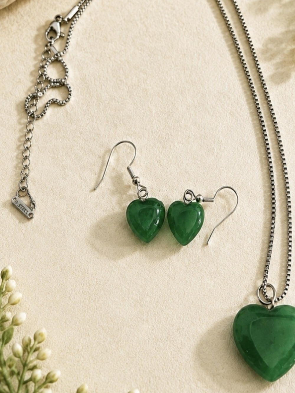 Handmade Green Dyed Quartz Heart Necklace & Earrings Set | Stainless Steel & Ste